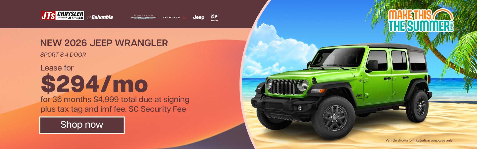 New 2026 Jeep Wrangler Sport S 4 Door Lease for $294/mo