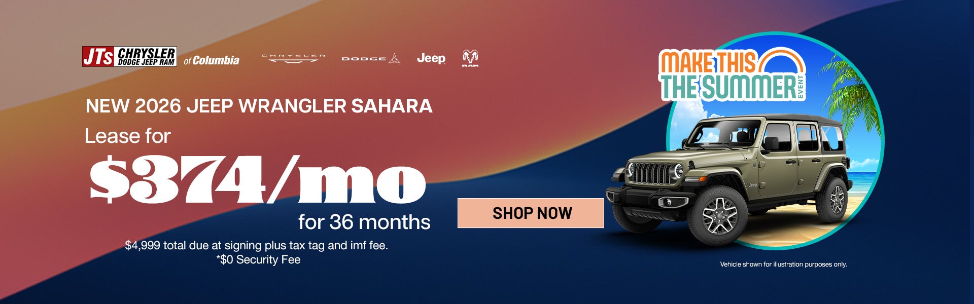 2026 Jeep Wrangler Sahara Lease for $374/mo for 36 months