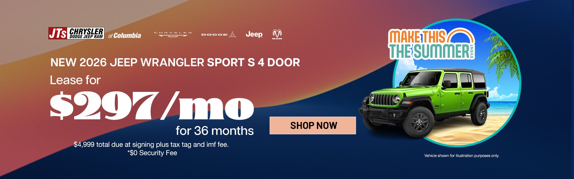 2026 Jeep Wrangler Sport S 4 Door Lease for $297/mo